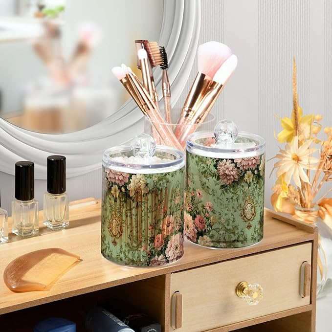 2 Pack Apothecary Jars Sweet Floral Green Background Bathroom Vanity Storage Organizer Set,Small Clear Plastic Storage Jars Bathroom Canister for Cotton Swabs, Rounds, Balls, Qtips,Makeup Spong