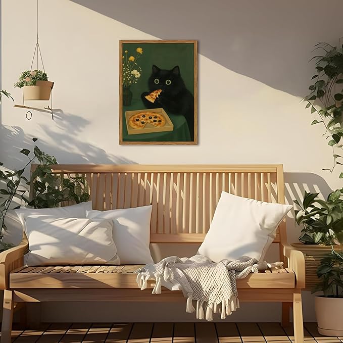 Funny Black Cat Wall Art Whimsical Black Cat Eating Pizza Wall Decor Cute Animal Dark Green Kitchen Poster Canvas Prints for Bedroom Living Dining Room 12x16 inch Wood Framed