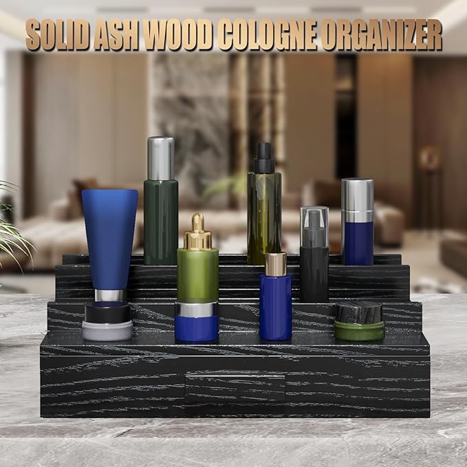 Solid Walnut Cologne Organizer for Men,Cologne Stand,3 Tier Wooden Cologne Holder Shelf Display,Perfume Stand Organizer with Drawer and Hidden Compartment,Gift for Men Dad Husband,Black