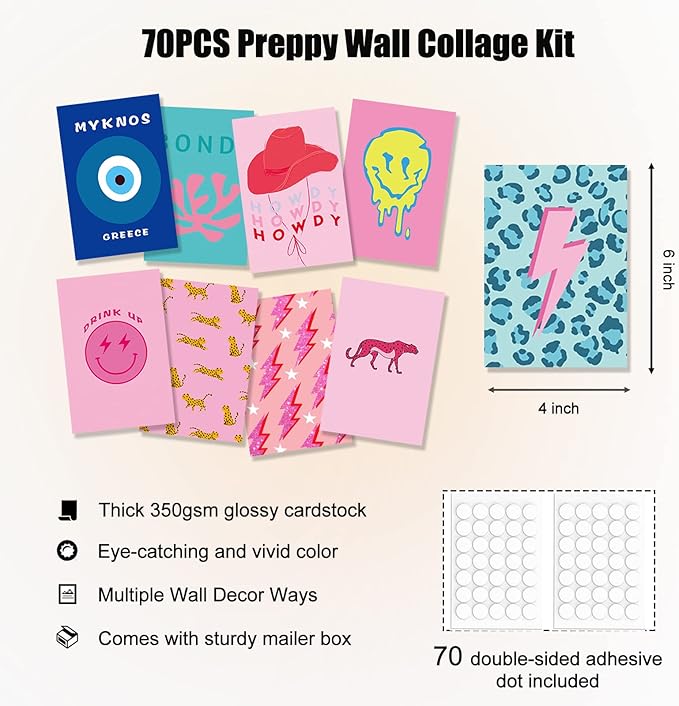 KBKBART 70pcs Preppy Room Decor, Aesthetic Pictures, Cute Trendy Pink Photo Collage Kit 4"x6" Hot Pink Preppy Wall Art Posters/Things for Teen Girls Bedroom Dorm