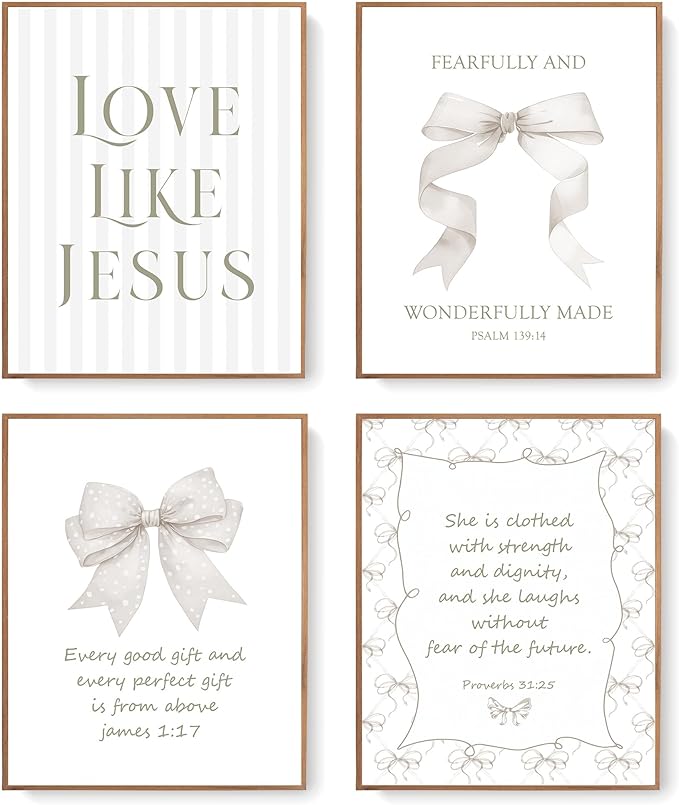 LARTSFRO Coquette Beige Bow Jesus Wall Art Decor Posters, Beige Bow Christian Room Bedroom Bathroom Wall Art Decor Aesthetic for Teen Girls Gifts, Inspirational Bible Verses Bow Wall Decor, 10x8 Inch Set of 4 Bow Pictures (UNFRAMED)