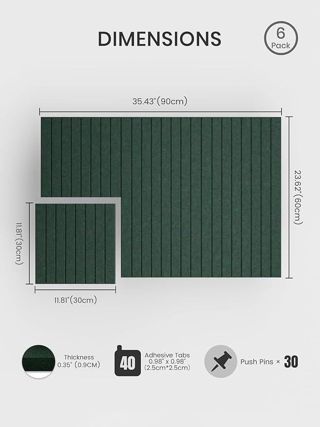 Bumusty Large Cork Board Alternative-36 x 24" Felt Bulletin Board Tiles, with 30 Pushpins, 40 Adhesive Tabs, Fine-Stripe 6-Pack, Cork Boards for Office Push Pin Board Felt Board-Pine Green