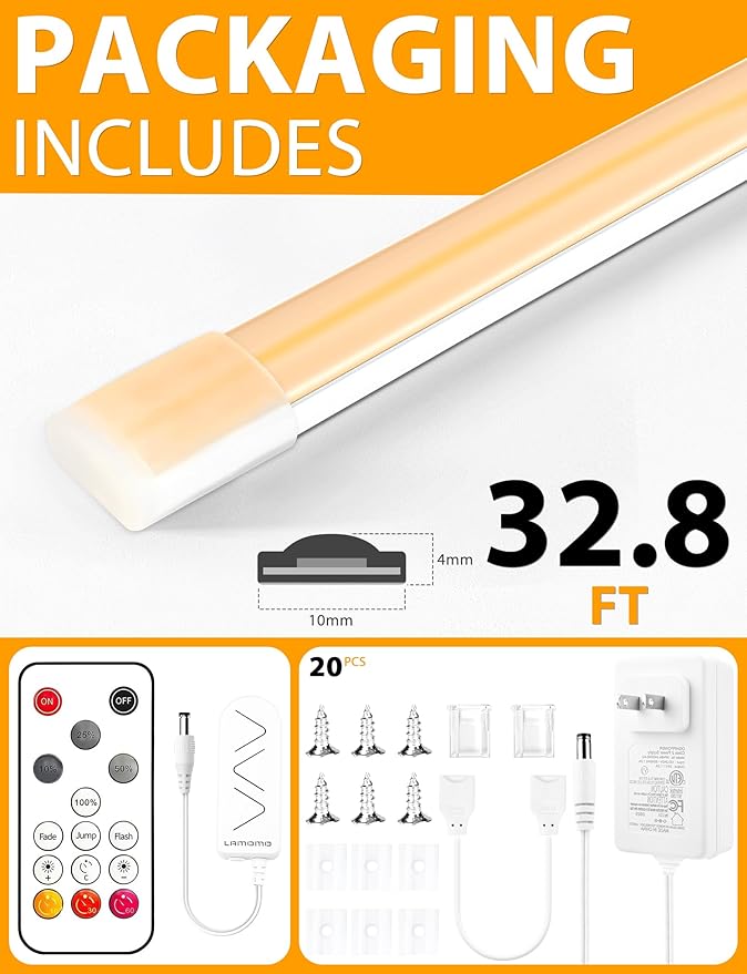 Lamomo COB LED Strip Lights Pro, 32.8Ft Warm White Dimmable Self-Adhesive Led Rope Light with Remote, Flexible Cuttable Waterproof 3000K Silicone Neon Tape Lights for Bedroom, Indoor, Outdoor,Cabinet