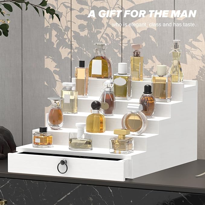 upcessory Cologne Organizer for Men, 5 Tier Black Cologne Shelf, Perfume Stand with Drawer and Hidden Compartment Perfume Display Holder - A Gift for Men