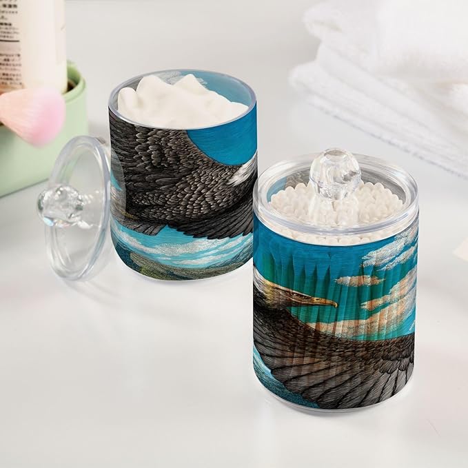 2 Pack Apothecary Jars,Bald Eagle Sky Bathroom Vanity Storage Organizer Set,Small Clear Plastic Storage Jars Bathroom Canister for Cotton Swabs,Rounds,Balls,Qtips,Makeup Sponges