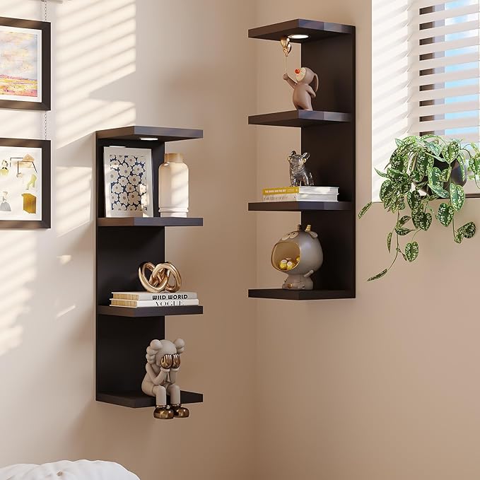 LitaEther Versatile 4 Tier Wall Shelf Unit,Black Lack Wall Shelf,Display Floating Shelf with LED Remote Control Light