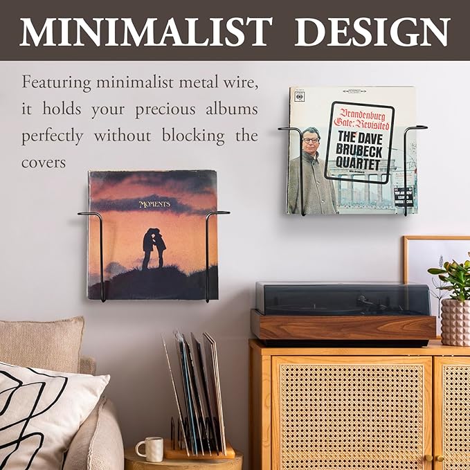 MyGift 2-Pack Vinyl Wall Mount Holder - Floating Record Shelf for Vinyl Display, Black Metal Record Wall Display Shelves