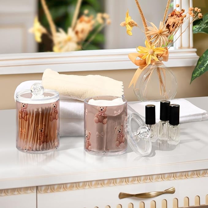 2 Pack Apothecary Jars Artistic Teddy Bear Bow Pattern Bathroom Vanity Storage Organizer Set,Small Clear Plastic Storage Jars Bathroom Canister for Cotton Swabs, Rounds, Balls, Qtips,Makeup Spo