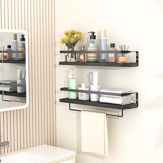 Bathroom Shelves with Towel Bar,Floating Shelves for Bathroom, Kitchen, Bedroom, Paulownia Wood, Matte Black Metal Frame - Set of 2 (Black)