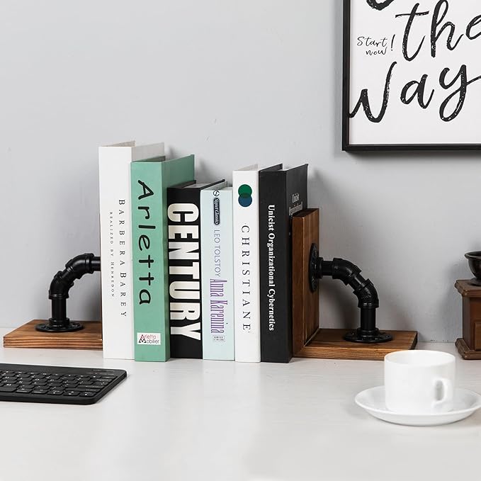 Rustic Decorative Wooden Tabletop Farmhouse Bookends for Heavy Books with Modern Industrial-Style Pipe Office Desktop Bookshelf Organizers Stoppers Holder Nonskid Shelf Decor 1-Pair (Brown)