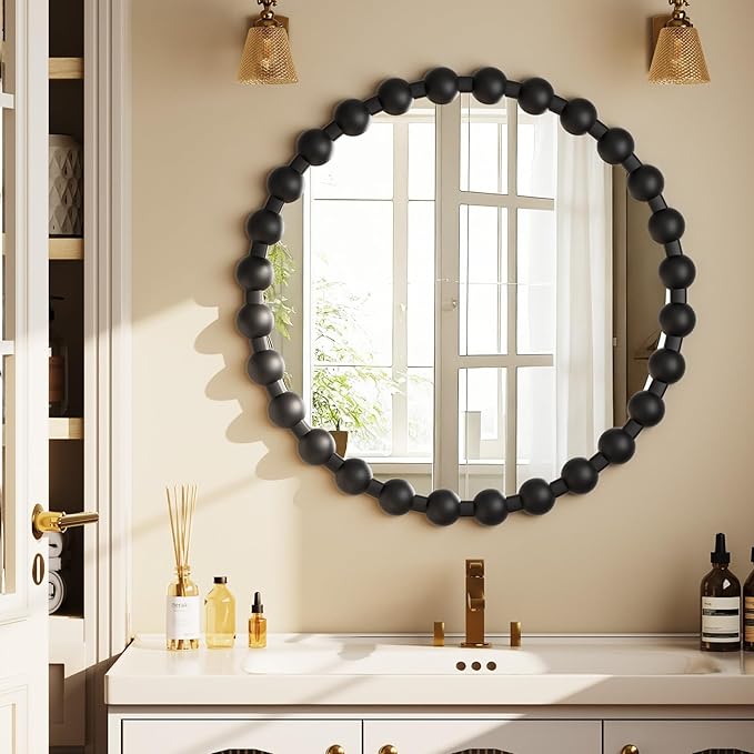 Easly Round Mirror for Wall, 24 Inch Black Beaded Frame Decorative Vanity Mirror, Circle Bathroom Mirror with High-Definition Lense, Modern Wall Decor for Bathroom, Living Room, Bedroom, Entryway