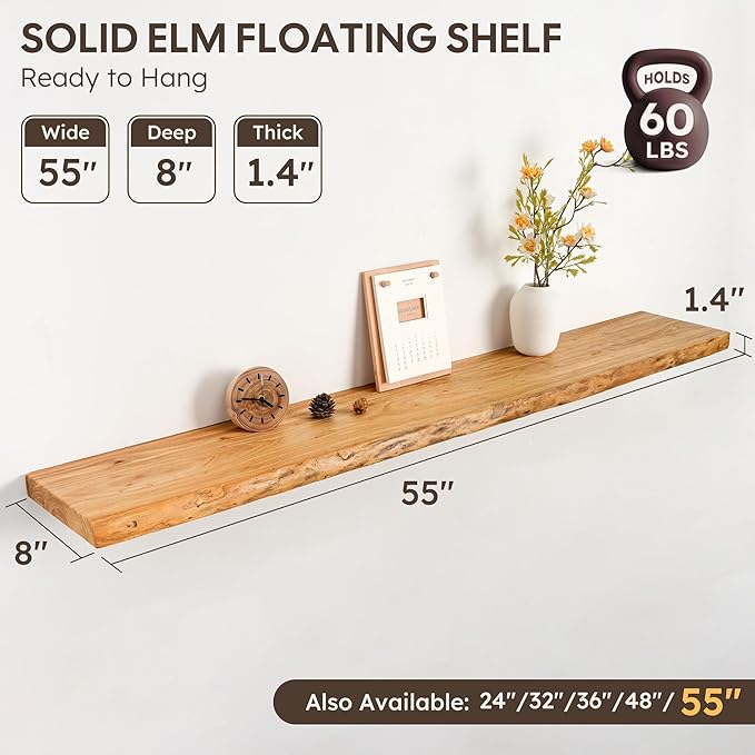 Live Edge Floating Shelf 55 Inch Extra Long | Solid Rustic Elm Wood with Invisible Brackets | Wall Mounted Shelf for Living Room, Kitchen, Bathroom | Natural