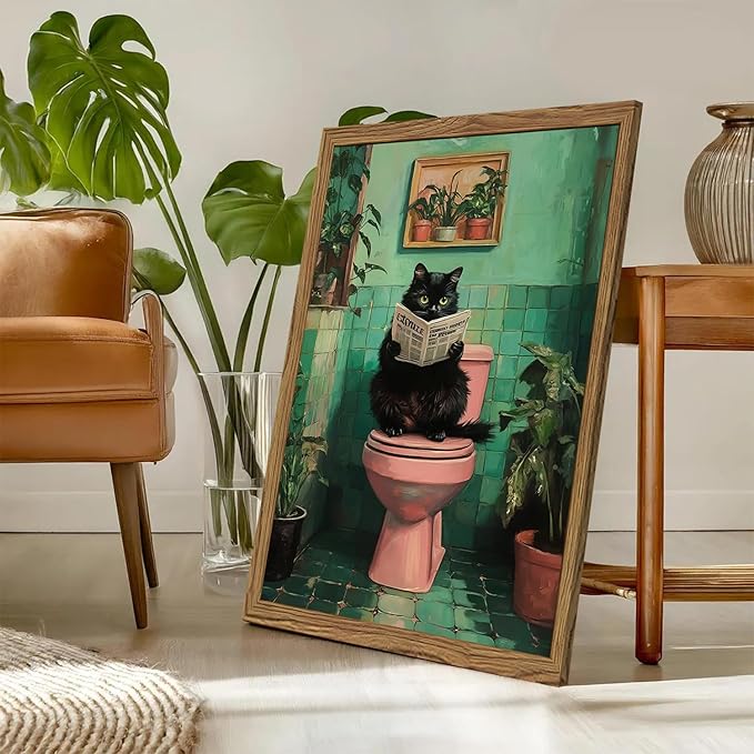 Funny Bathroom Cat Wall Art, Humorous Black Cat Restroom Wall Decor Paintings, Funky Animal on Toilet Reading Newspaper Canvas Prints Artwork 16x24 inch Wood Framed