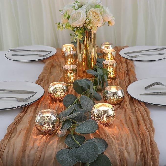 DEVI 24pcs Assorted Gold Votive Candle Holders, Mercury Glass Candle Holder, Diwali Decorations, Gold Wedding Centerpieces for Tables, Bridal Shower Party Table Decorations