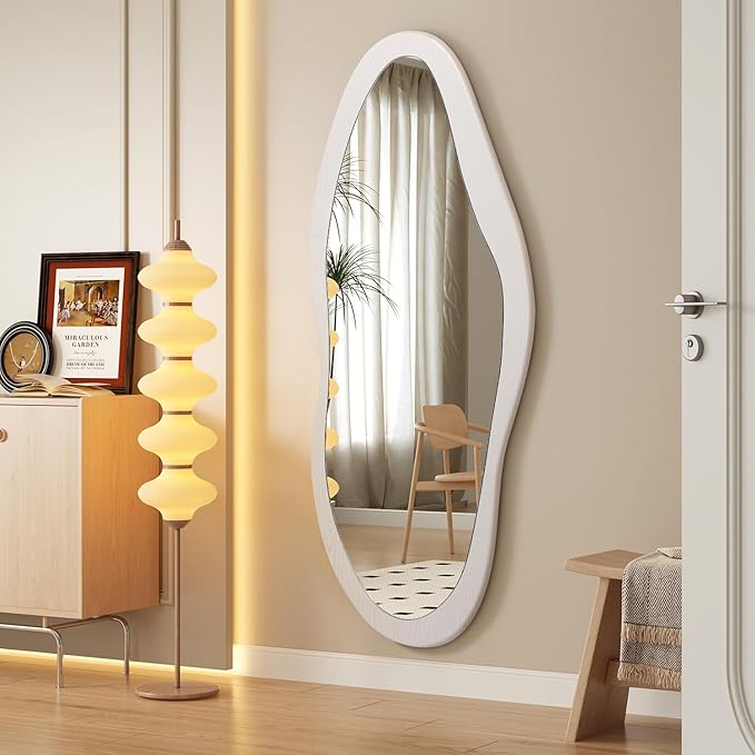 AAZZKANG Irregular Full Length Mirror Wooden Asymmetrical Wall Mirrors Modern Large for Bedroom Dressing Room Living Room Entryway White 47"x20"