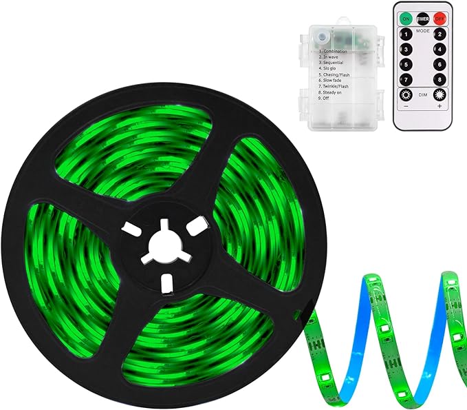 echosari Green LED Strip Lights Battery Powered, 90 LED 2835 SMD Strip Lights 9.8 Ft Cuttable Self-Adhesive Strip Lights with Remote Timer for Outdoor Indoor Party Bedroom Decoration