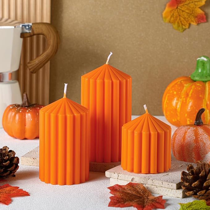 Conelist Set of 3 Orange Ribbed Pillar Candles Soy Wax Scented Ribbed Candles Includes 2.8, 4.2 and 5.1 Inches Heights Decorative Romantic Wedding Decoration for Couple Home Birthday Gift