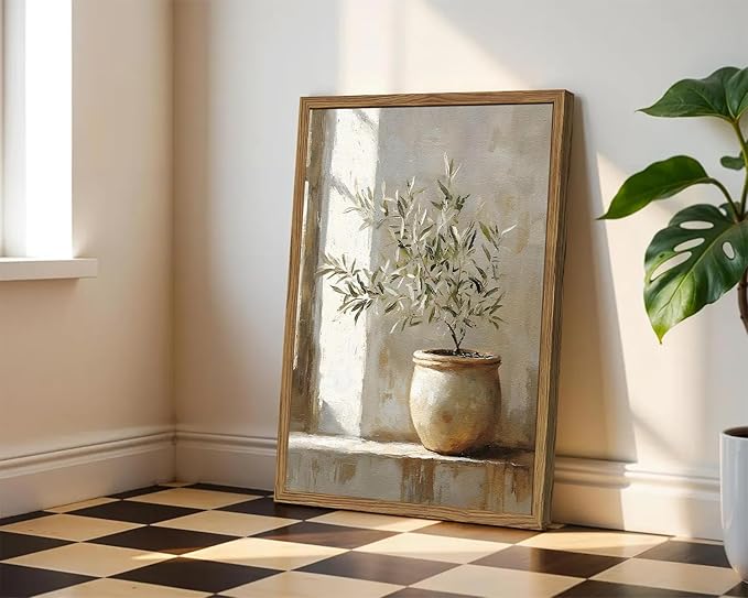 Framed Vintage Olive Tree Wall Art, Textured Sandstone Botanical Pictures Wall Decor, Rustic Neutral Potted Plant Paintings Prints Aesthetic Farmhouse Home Decor for Living Room Bedroom 16x24 inch