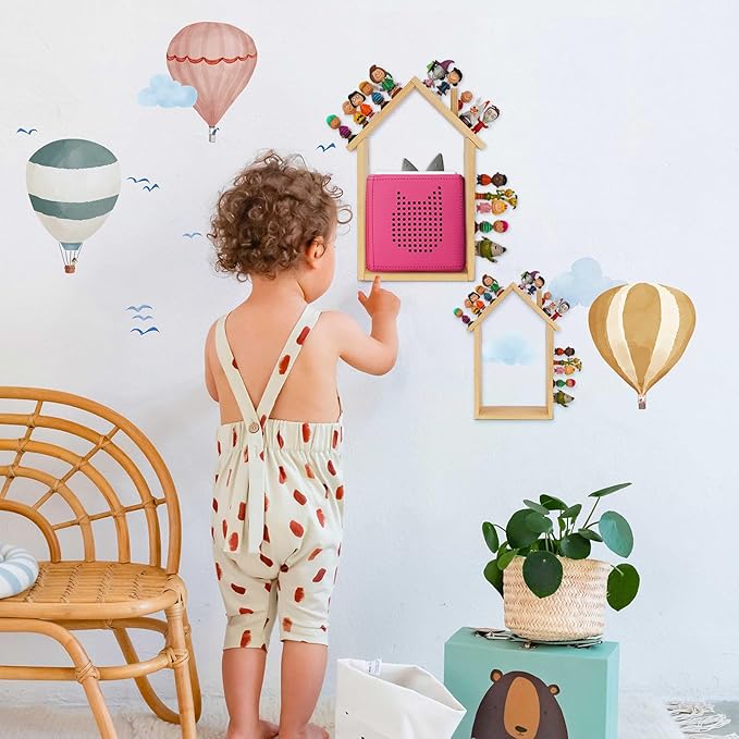 for Tonies Shelf Magnetic - for Tonies Figure Organizer Kids Room, Wooden Display Shelf for Tonies Box Holder, Wall Floating Shelves Toy Storage, House Shape Set of 2 with 38Pcs Adhesive Metal Plate