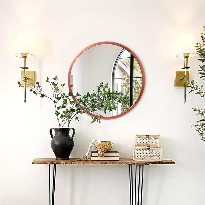 JJUUYOU Circular Wall Mirror Decorative Round Mirror for Bathroom Round Mirrors Small Red Decor Circle for Wall Metal Framed Make up Mirrors for Farmhouse Living Room Bedroom Dorm 16Inch
