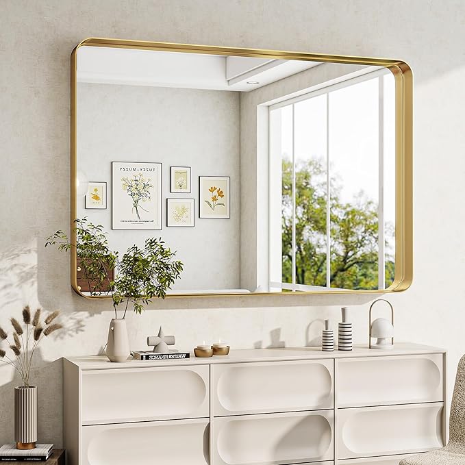 Bathroom Mirrors for Over Sink 24 x 32 Inch Rounded Rectangle Bathroom Vanity Mirror Bathroom Mirror for Wall Hangs Horizontally or Vertically for Living Room Bedroom Entryway Gold