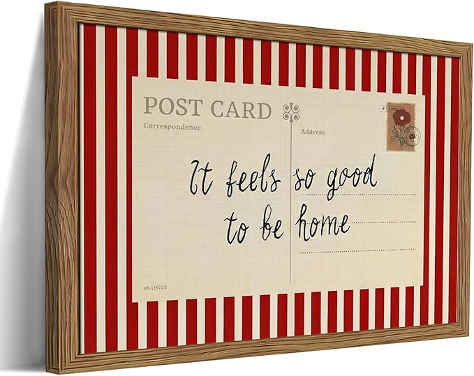 It Feels So Good To Be Home Wall Art, Vintage Inspirational Postcard Canvas Wall Decor Painting, Red Striped Quotes Artwork Print Picture for Living Room Bedroom 12x16 Inch Wood Framed