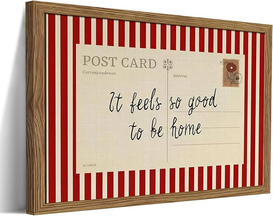 It Feels So Good To Be Home Wall Art, Vintage Inspirational Postcard Canvas Wall Decor Painting, Red Striped Quotes Artwork Print Picture for Living Room Bedroom 12x16 Inch Wood Framed