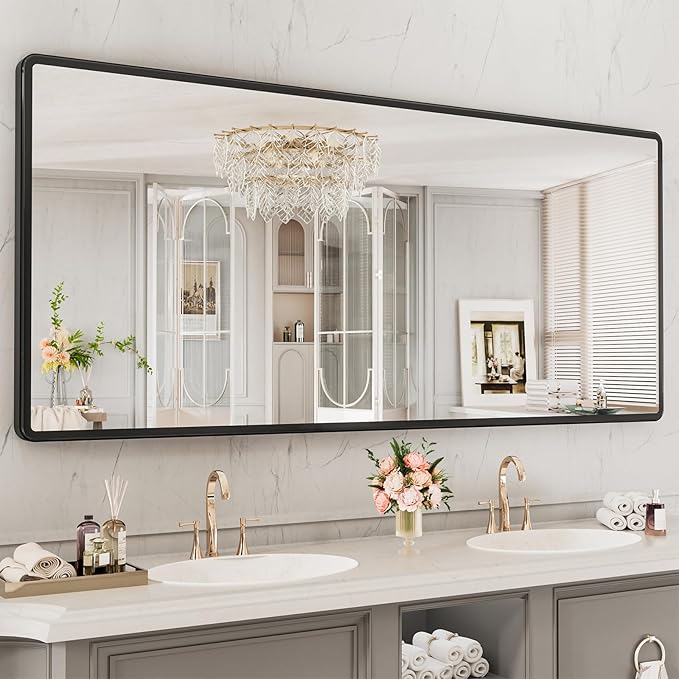 pertetey New Upgrade Bathroom Mirror, 72X32 Inch Black Metal Frame Wall Mounted Rounded Rectangle Bathroom Vanity Mirror with Tempered Glass for Washroom Bedroom Living Room