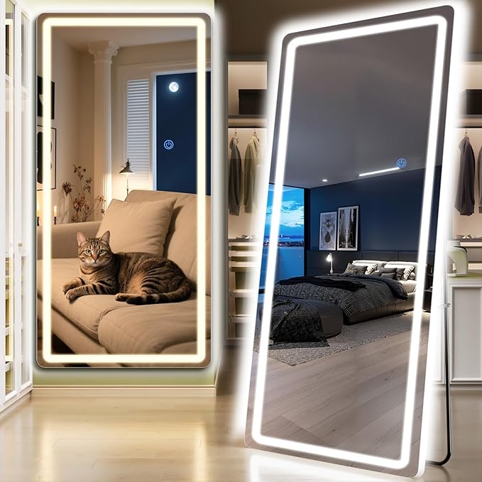 Standing Mirror Full Length with LED Lights, 76"x34" Lighted Mirror with Dimming & 3 Color Lighting, Tall Mirror Full Body for Bedroom, Dressing Room