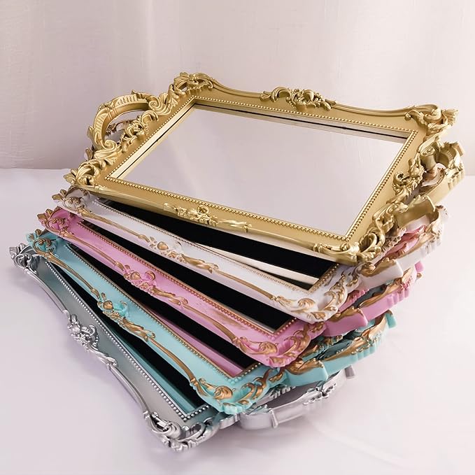 Small Rectangle Decorative Mirror Tray, French Style, Makeup Organizer, Jewelry Organizer, Serving Tray, 13"x 7.8", Gold