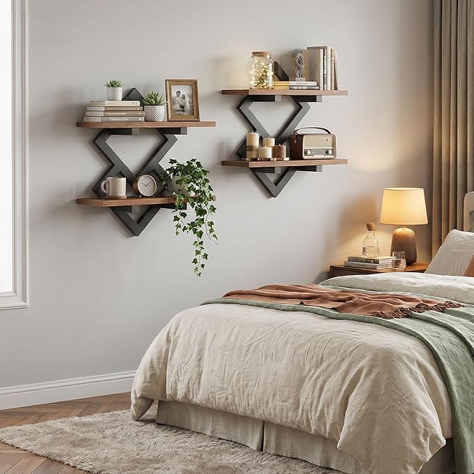 HOOBRO 15" Floating Shelves for Wall, Set of 2 Wall shelf, 2-Tier Hanging Shelves, Wall Mounted Storage Shelf, Display Rack, for Living Room Bedroom Kitchen Bathroom, Rustic Brown and Black BF14BJP201