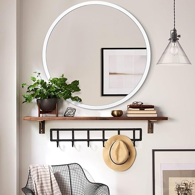 JJUUYOU Round Mirror White Circle Mirror 20 Inch Bathroom Mirror with Metal Frame, Mirrors for Bedroom, Wall, Living Room, Vanity, for Modern Minimalist Home Decor