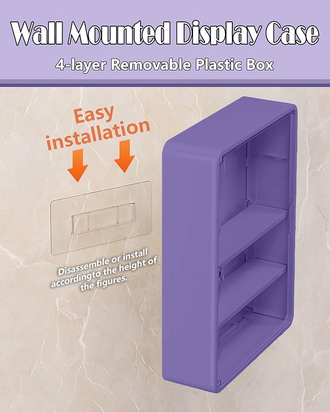 HGYZE Clear Display Case for Figures, 15.75" High, Wall Mounted Shelf with Magnetic Door, Hanging Display Case for Collectibles Action Doll Blindboxes Storage (Purple, 4-Layer 1 Pack)