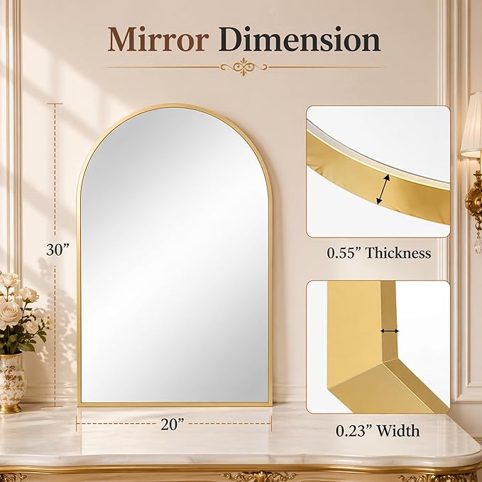 20"x30" Arched Gold Bathroom Mirror – Metal Framed with HD Shatter-Proof Glass, Wall-Mounted for Over Sink, Entryway, Living Room, Bedroom