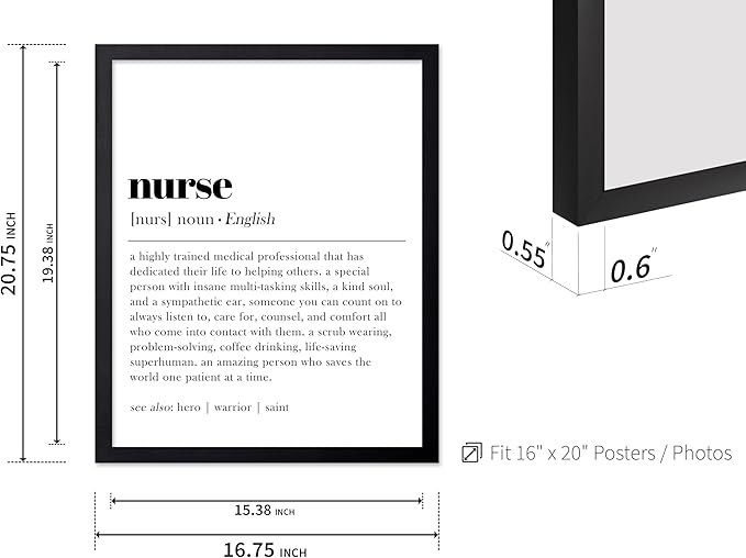 Poster Master Typography Poster - Dictionary Print - Nurse Definition, Amazing Person Who Saves the World, Hero, Saint - Gift for Friend - Wall Decor for Home, Hospital, 16x20 Black Framed