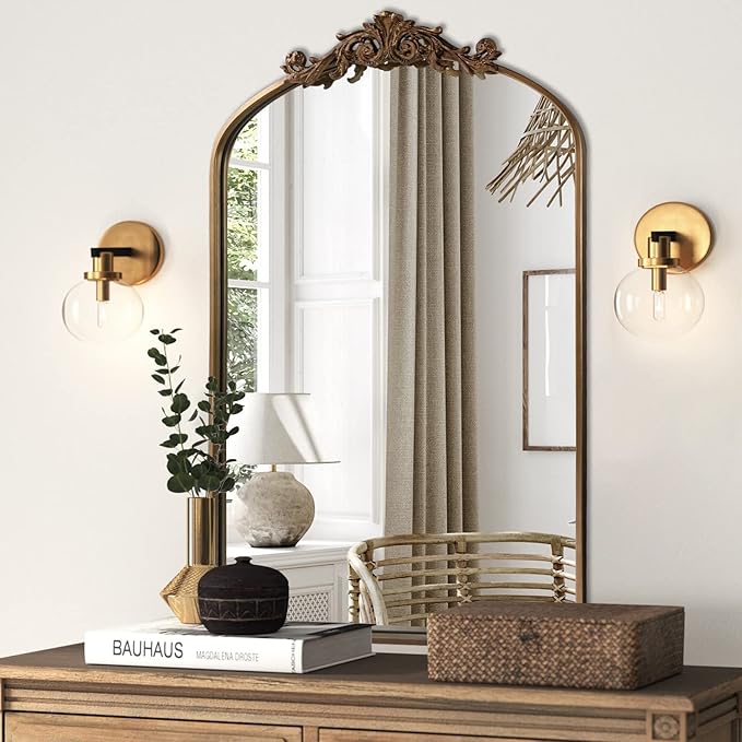 HQiJun Antique Gold Arched Baroque Mirror 24x36 - Brass Finish Metal Frame, Intricately Carved Vertical Wall Mirror for Entryway, Living Room, Bathroom Vanity & Dining Room