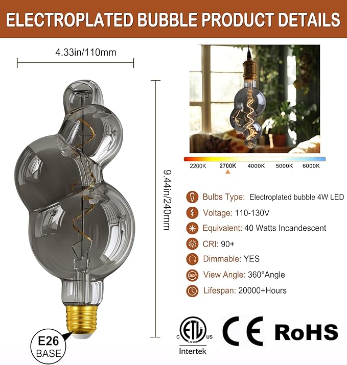 40 Watt Decorative Vintage LED Light Bulbs, Special Electroplated Bubble 4W LED Filament Edison Bulb,2700K Oversized Warm Lights,Dimmable E26 Lamp Base,1-Pack