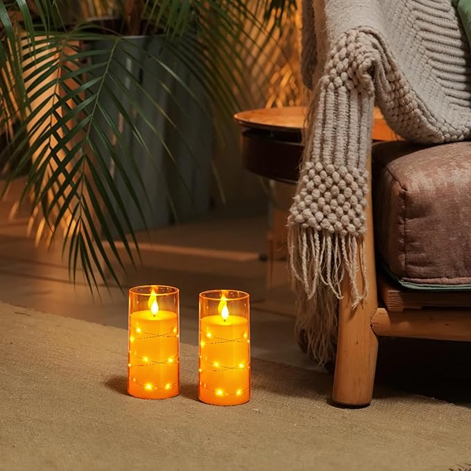 Homemory Flameless Candles with Embedded Star String Fairy Lights, Battery Operated Candles, LED Candle, Fake Candles with Remote Control and Timer, Orange, Set of 2(H 6" 6")
