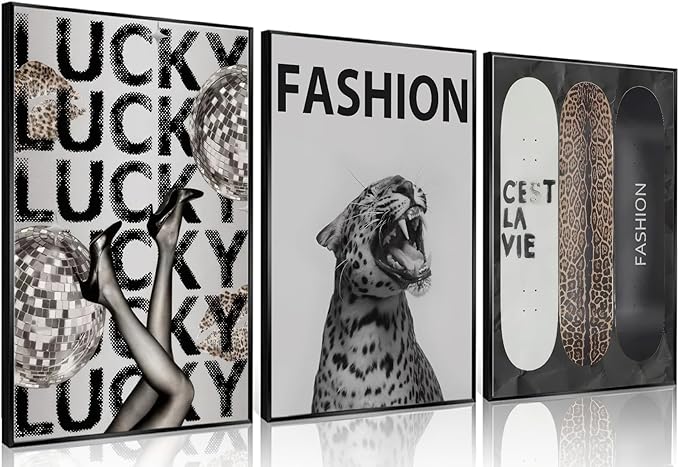 Trendy Leopard Wall Art Fashion Cheetah Lucky Skateboard Wall Decor Pictures Funky Vintage Preppy Luxury Aesthetic Posters Prints for Girly Bedroom Apartment Dorm Decoration Unframed 16x24in