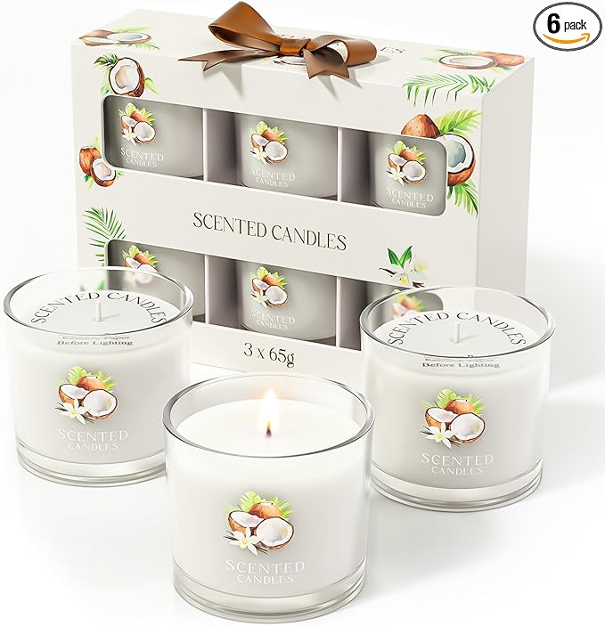 CHILLFLAME Coconut Candle, Scented Candles Gifts for Women, Candles Gift Set for Her, 6 Scented Votive Candles, Birthday Gifts for Women/Men (White, 14 oz)