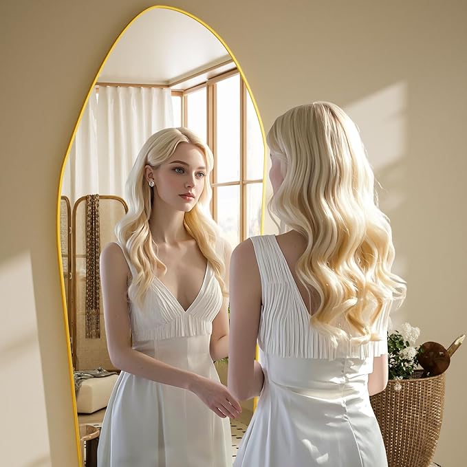 Full Length Floor Mirror - 76"x34" Irregular Diamond Shaped Floor Mirror Aluminum Frame Mirror Full Length for Bedroom Living Room Cloakroom Decor Gold