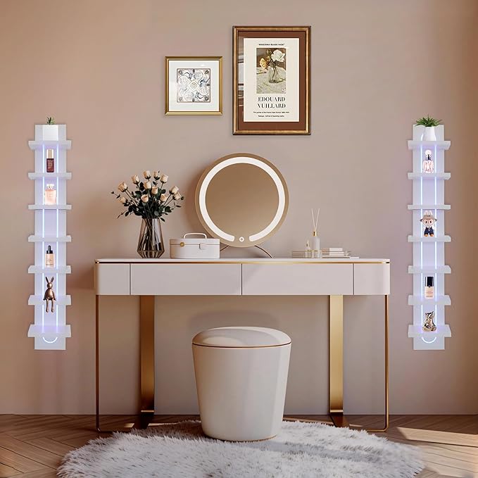 VIWODS 7 Tier Wall Shelf Unit with Light-Small Floating Shelves for Home Decor, Modern Unique Asymmetric Design for Bedroom & Living Room Storage