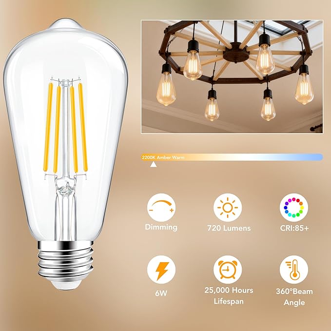 PARTPHONER LED Light Bulbs Dimmable Vintage Edison Bulb, E26 LED Bulb 60W Equivalent 720 Lumens, Amber Warm 2200K, ST58 Antique LED Filament Bulb CRI 85+, Clear Glass, Pack of 4