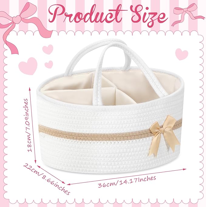 Yinkin 1 Pcs Extra Large Cotton Rope Storage Basket with Handles and Removable Divider Woven Gift Baskets with Bow for Closet Bedroom Nursery Toys Organizing, 14.17 x 8.66 x 7.09 Inch(White and Brown)