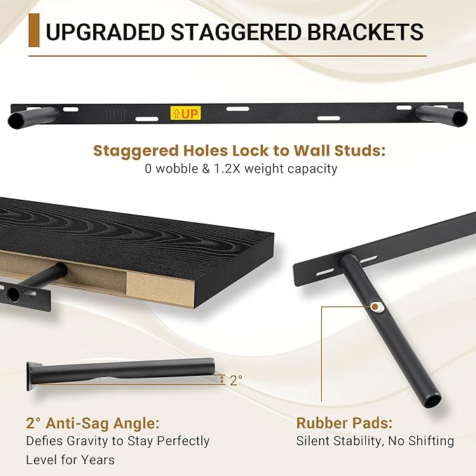 Vivelove Black Floating Shelves 47.2 Inches Wide, 12" Deep Wall Shelves for Bedroom, Bathroom, Living Room, Kitchen, Office, Rustic Home Decor Shelf with Invisible Brackets, 47.2X12X1.5, Set of 2