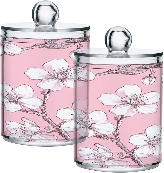 Nander 4Pack Beautiful Cherry Blossoms Qtip Holder Dispenser -Clear Plastic Apothecary Jars Set - Restroom Bathroom Makeup Organizers Containers for Cotton Swab, Ball, Pads, Floss