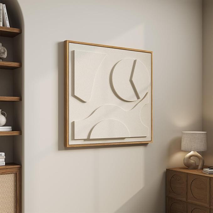 Large 3D Textured Framed White Abstract Wall Art, Square Modern Paintings Artwork for Walls, Minimalist White Geometric Block Pictures for Living Room Bedroom Office Hallway Wall Decor 30x30 In