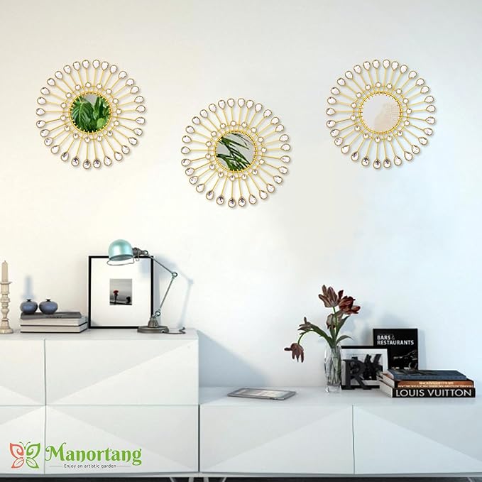 Gold Mirrors - Sunburst Valentine Wall Art, Decorative Round Mirrors for Valentine Bedroom, Living Room, Bathroom, Kitchen, Entryway, Hallway - Set of 3