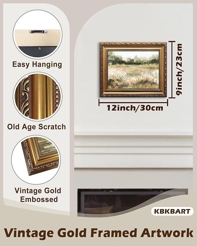 KBKBART Gold Framed Vintage Wall Art, Vintage Watercolor Wildflower Countryside Canvas Oil Painting Farmhouse Decor Wall Art, Rustic Antique Landscape Bathroom Wall Decor for Bedroom Living Room, Gifts for Friends or Family(9"x12")