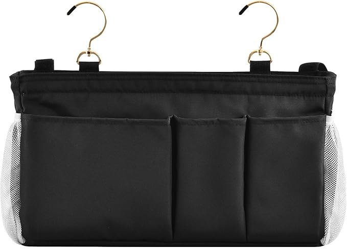 Black Bedside Caddy Storage Bag Bedside Organizer for Bed Rails College Dorm Room Organizer Caddy Hanging Shelf 6 Pockets with Hooks for Drinks Magazine Phone Holder
